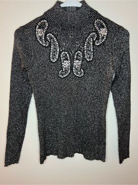 Black Silver Metallic Knit Top with Beaded Swirl Detail